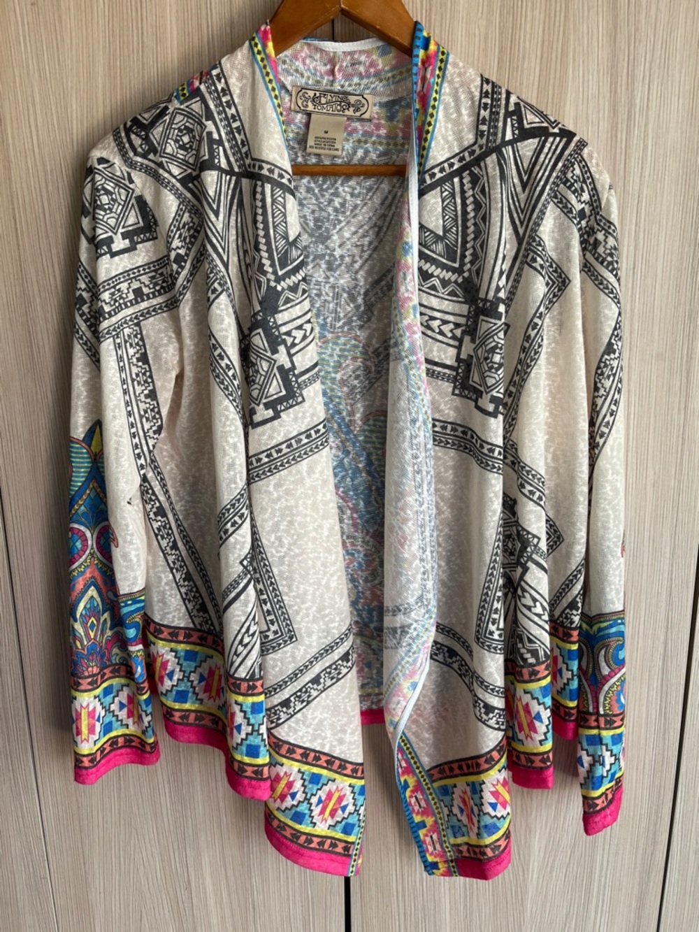 Flying Tomato Cream Open Front Cardigan with Pink & Blue Trim